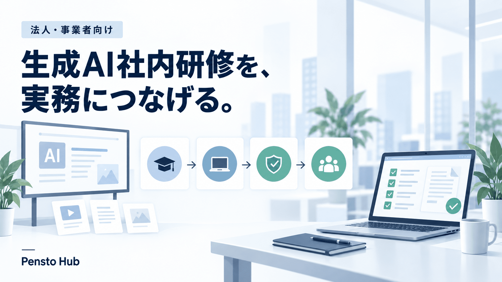 法人向け生成AI社内研修の導入から実務定着までを表したPensto Hubのイメージ